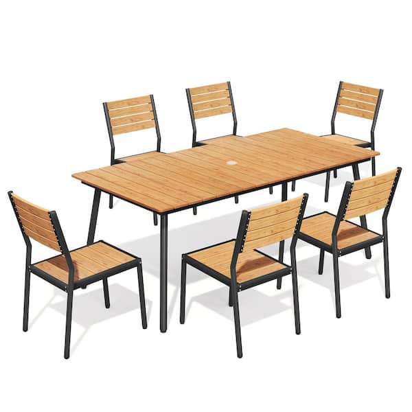 70 in. Brown Aluminum Outdoor Dining Table with Umbrella Hole and Brown Stackable Dining Chairs (Set of 6)