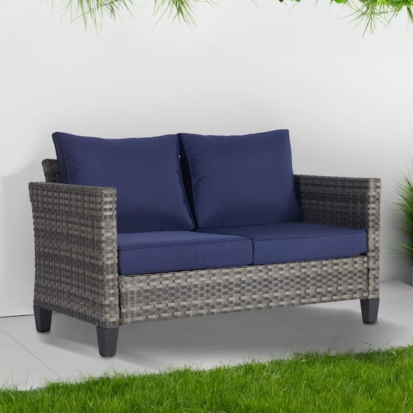 Wicker Outdoor Loveseat with Comfortable Navy Blue Cushions