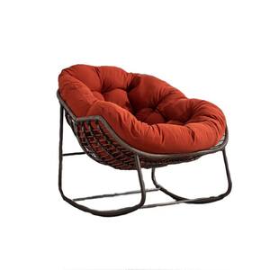 Brown Wicker Outdoor Rocking Chair Rocker Lounge Chair with Orange Padded Cushions