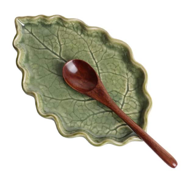 Leaf Shaped Ceramic Spoon Rest for Kitchen Cooking Kitchen Spoon Rest Utensil Rest Spatula Rest, Green