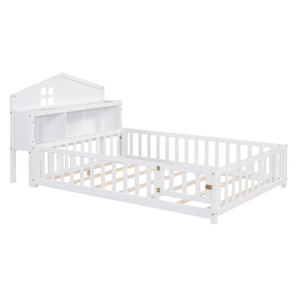 Tonya White Full Size Wooden Kids Floor Platform Bed with Bookcase, Guardrail, Door, Chalkboard