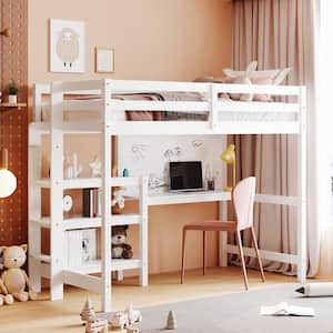 White Twin Size Wood Loft Bed with Ladder, Shelves, Desk and Writing Board