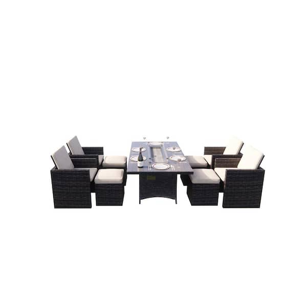 DIRECT WICKER Belle Brown 9-Pieces Wicker Patio Outdoor Rectangular Gas Fire Pit Sitting Set with Beige Cushions
