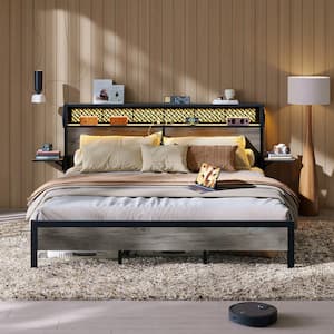 Grey Metal Frame King Size Platform Bed with Wood Storage Headboard Charge Station and Foldable Bedside Shelf and LED
