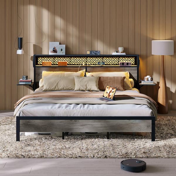 Bestier Grey Metal Frame King Size Platform Bed with Wood Storage Headboard Charge Station and Foldable Bedside Shelf and LED