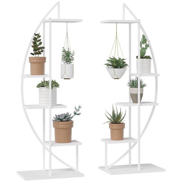 Unbranded 13 in. W x 20.75 in. D x 60.75 in. H Indoor/Outdoor White Metal Plant Stand 5-Tier with Hangers