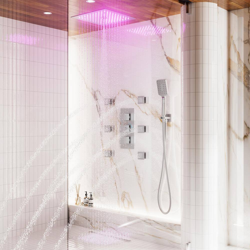 12" Brushed Nickel LED Ceiling Mounted Rainfall Shower System