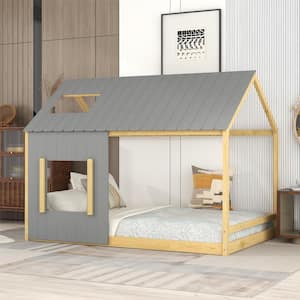 Gray and Natural Full Size Wooden House Bed with Roof and Windows