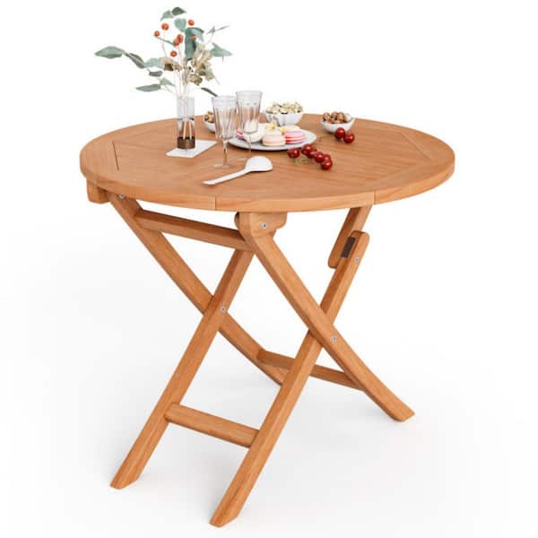 Kadehome 31.5 in. W Round Folding Teak Wood Patio Table End Coffee Table for Outdoor Use