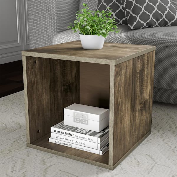 15.75 in. Square Wood Modular Side Table with Storage, Minimalist Modern Nightstand or End Table, Gray Woodgrain