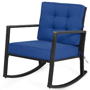 Wicker Outdoor Rocking Chair Patio Lawn Rattan Single Chair Glider with Navy Cushion