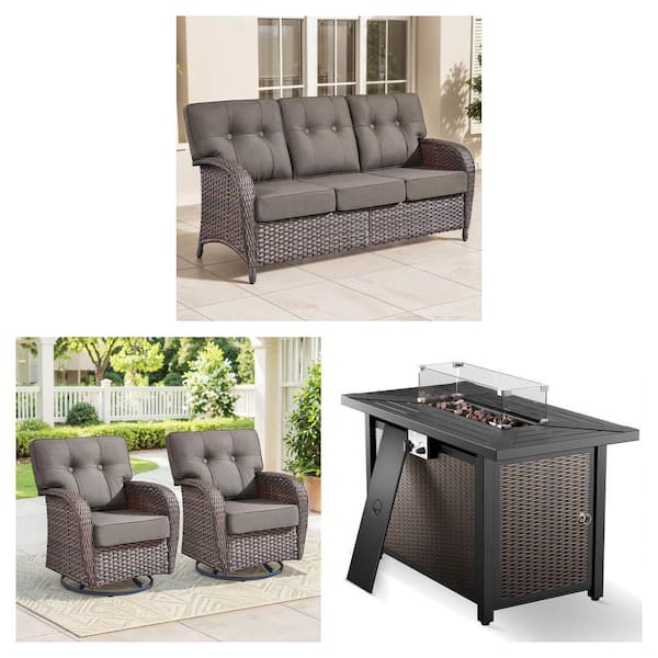 Modern Seaside Wicker 3-Seat Sofa, Swivel Rocking Chair and 43 in. Fire Pit Table Combo