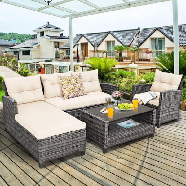 4 Pieces Rattan Metal Patio Conversation Set with Cushion in Off White and 2-Tier Coffee Table
