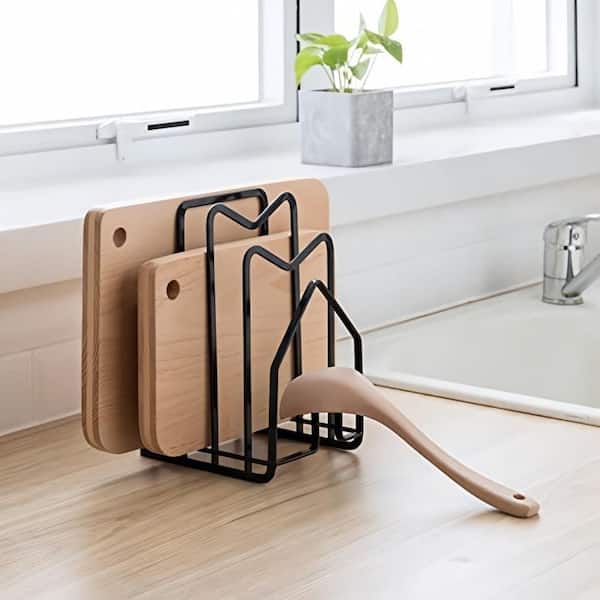 Cutting Board Rack with Drawer Organizer Stand for Chopping Boards, Pan Lids, and Kitchen Countertop Organizing, Black