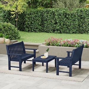 Laguna Outdoor Patio HDPE Plastic Fade Resistant 3-Piece Garden Bench Conversation Set with Coffee Table in Navy Blue