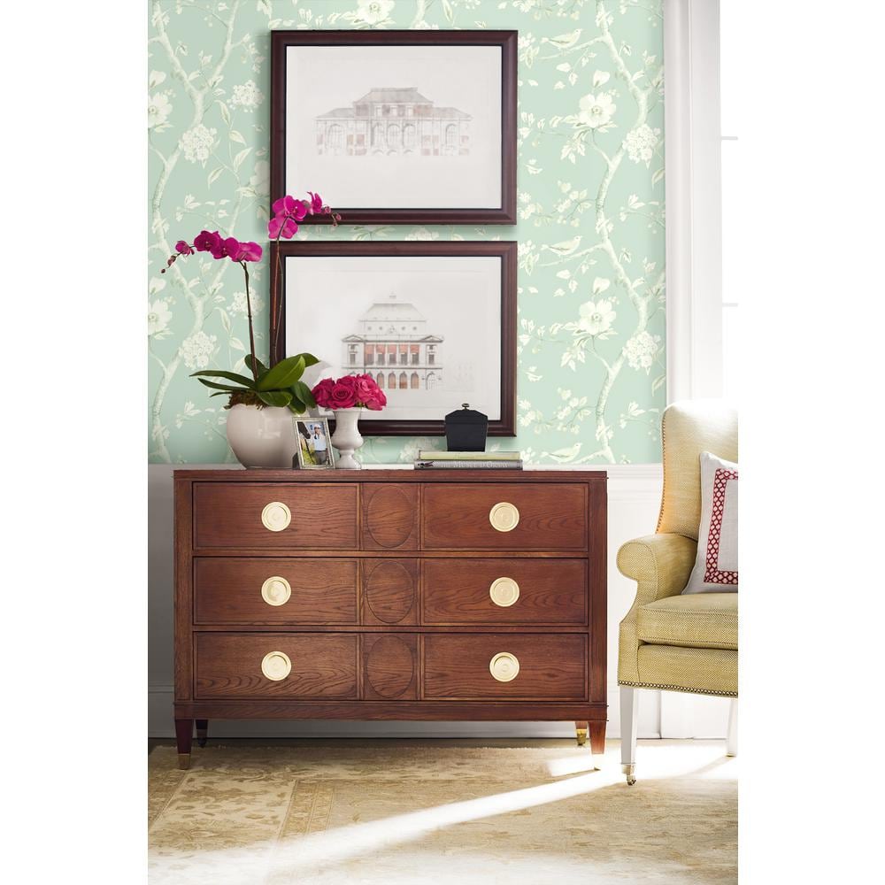 Sea Glass and Ivory Vinyl-Coated Floral Wallpaper