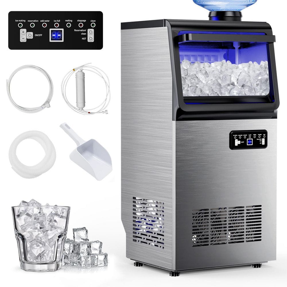 14 in. 90 lbs. Full Size Ice Cubes per day Ice Maker with 38lbs Ice Storage Capacity in Silver Stainless Steel