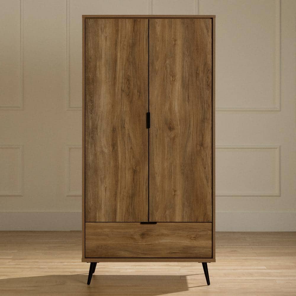 Natural Mango Contemporary Wardrobe Armoire with Mirror and Drawer