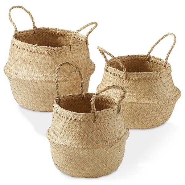 Casafield Brown Natural 13.5 in. x 5.5 in. Seagrass Decorative Basket Storage Bins for Planters, Plants, and Trees (Set of 3)