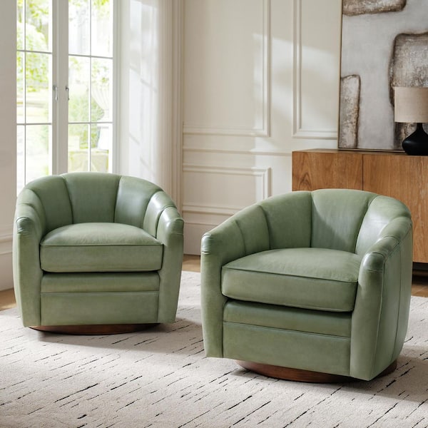 Piana Light Green Genuine Leather Accent Chair with Swivel Set of 2