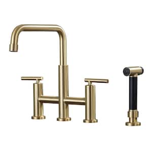 Double Handle Bridge Kitchen Faucet with Pull-Out Side Sprayer in Brushed Gold