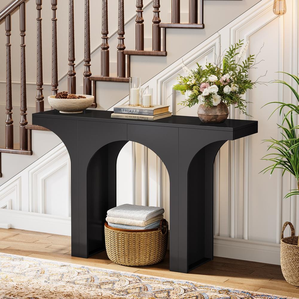 Black Wood 47-Inch Console Table with Arched Base