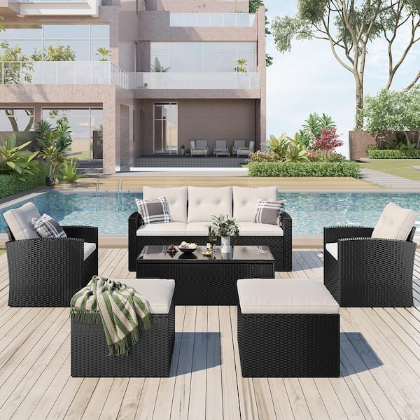 Unbranded 6-Piece Wicker Pe Rattan Patio Outdoor Dining Conversation Sectional Set With Coffee Table, Ottomans, Beige Cushions