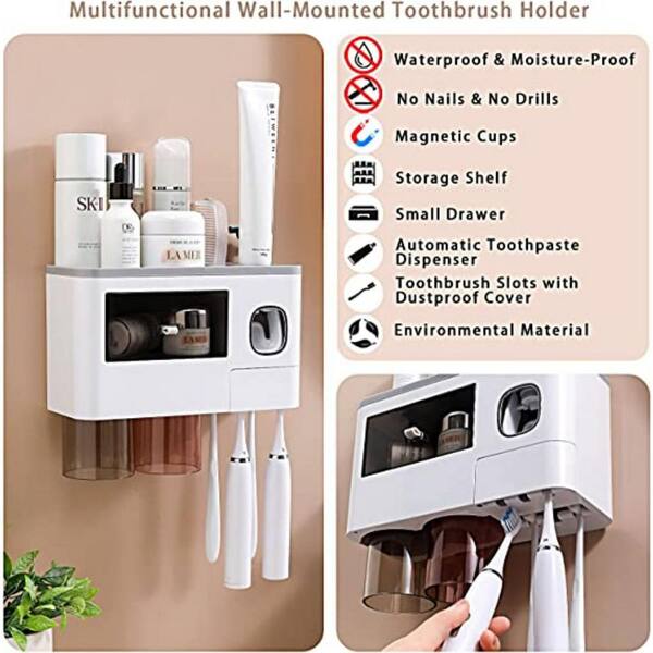 1pc Stainless Steel Toothbrush Holder With Automatic Toothpaste Dispenser  And Large Capacity Tray - Wall Mounted Toothbrush Storage Rack And Minimalis