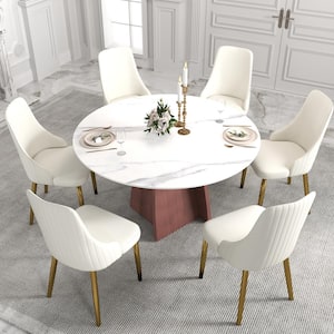 53.15 in. White Sintered Round Stone Tabletop Copper Pedestal Base Kitchen Dining Table (Seats-6)