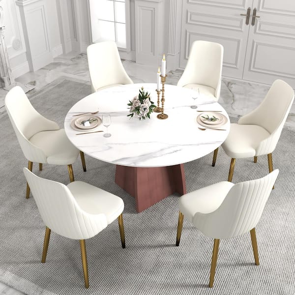 Magic Home 53.15 in. White Sintered Round Stone Tabletop Copper Pedestal Base Kitchen Dining Table (Seats-6)