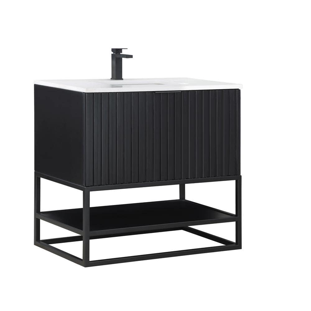 Terra 36'' Matte Black Acacia Single Bathroom Vanity with White Quartz Top