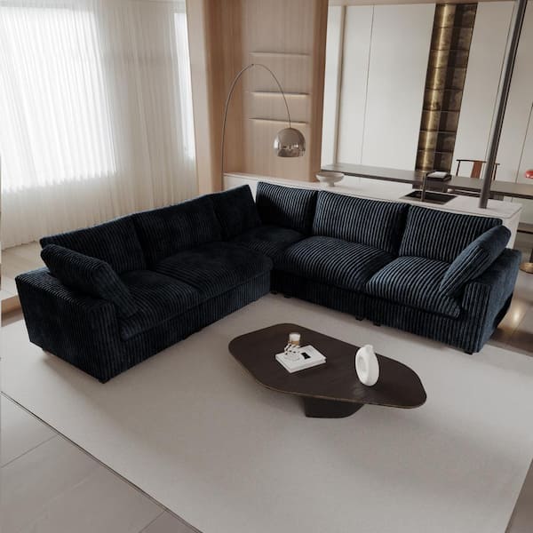 Oversized 118 in. W Square Arm Rabbit Velvet Plush Modular Sofa in. Black
