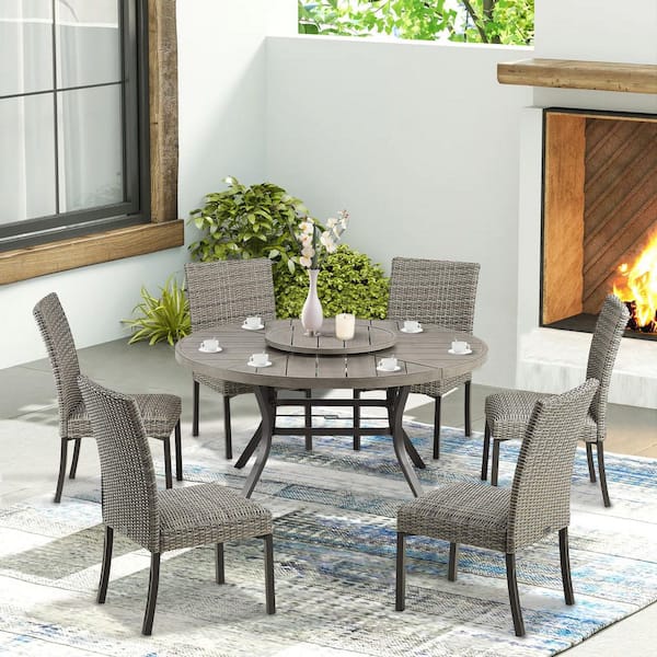 ULAX FURNITURE AZUR 7-Piece Wicker Outdoor Dining Set with Round Dining Table and Armless Dining Chairs