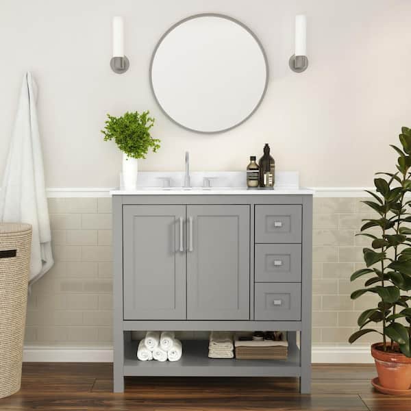 Leary 36 in. W x 34.5 in. H Bath Vanity in Dark Brown with Engineered Stone Vanity Top in White with White Basin