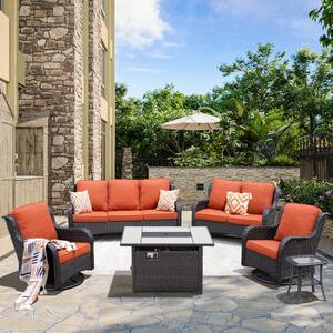 Demeter Brown 6-Pcs Wicker Patio Rectangular Fire Pit Set with Orange Red Cushions and Swivel Rocking Chairs