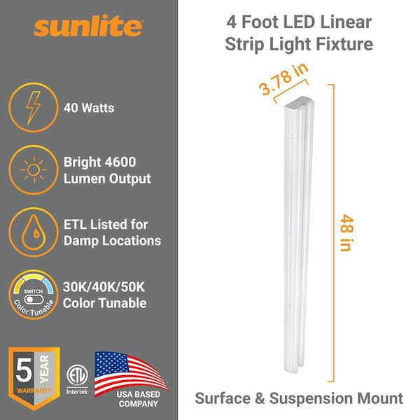 Sunlite 4 ft. LED Dimmable 4600 Surface Mount Linear Strip Light Fixture, Color 3000K 4000K 5000K HD03593-1 - The Home