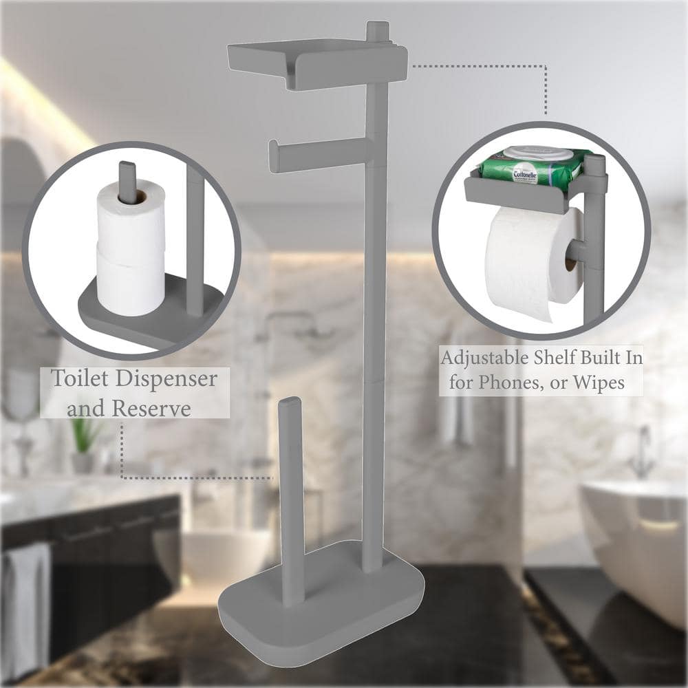 Gray Freestanding 3-in-1 Toilet Paper Holder with Adjustable Shelf
