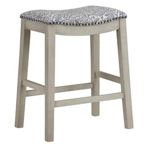 Farmhouse Style 24.75 in. Wood Saddle Counter Stool in Damask Navy Fabric with White-washed Finish (set of 2) Included