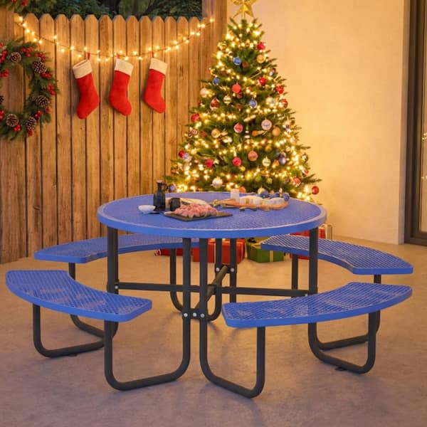 46 in. Blue Round Steel Picnic Table Seats 4-8 People with Umbrella Hole