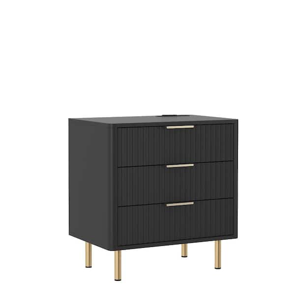 Nightstand with Charging Station and Night Light, 23.6 in. H Black Modern Night Stand with 3 Drawers for Bedroom
