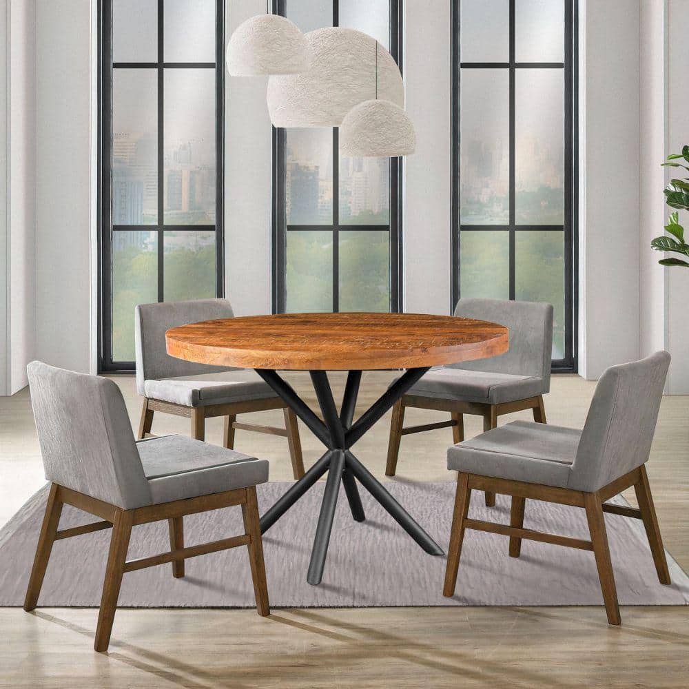 Rustic Farmhouse 48" Round Solid Mango Wood Dining Table with Iron Legs