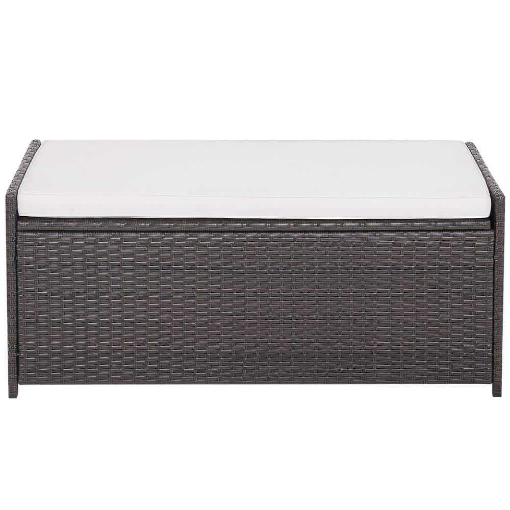34 Gallon Mix Brown Rattan Outdoor Storage Bench with Seat Cushion and Zipp