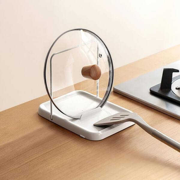 White Pot Lid and Spoon Rest Holder Drawer Organizer with Foldable Design Nonslip Pads for Kitchen Countertop