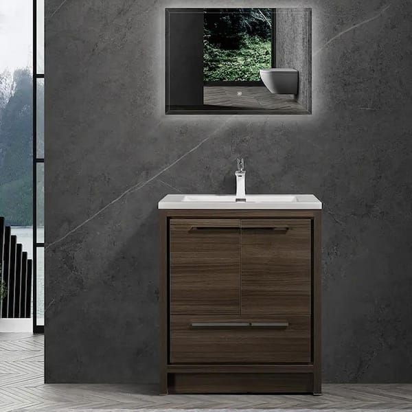 Unbranded 24 in. W x 20 in. D x 36 in. H Single Sink Freestanding Bathroom Vanity in Grey Oak with White Solid Surface Top