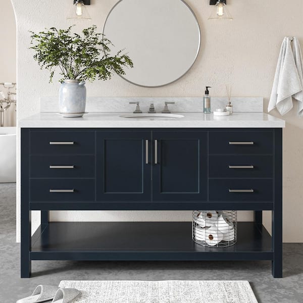 Magnolia 61 in. W x 22 in. D x 36 in. H Bath Vanity in Blue with Carrara Marble Vanity Top in White with White Basin