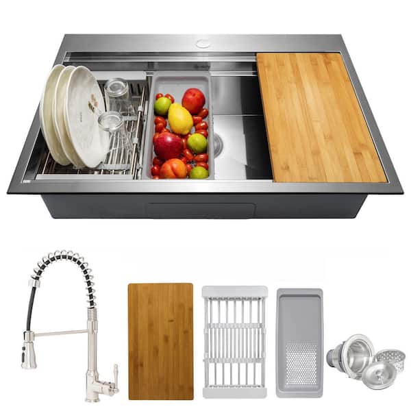 Handmade All-in-One Drop-in Stainless Steel 30 in. x 22 in. Single Bowl Workstation Kitchen Sink with Spring Neck Faucet