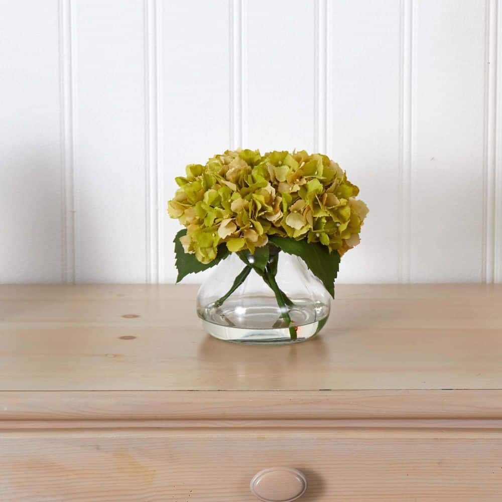 Classic Green Faux Hydrangea Tabletop Arrangement with Glass Vase