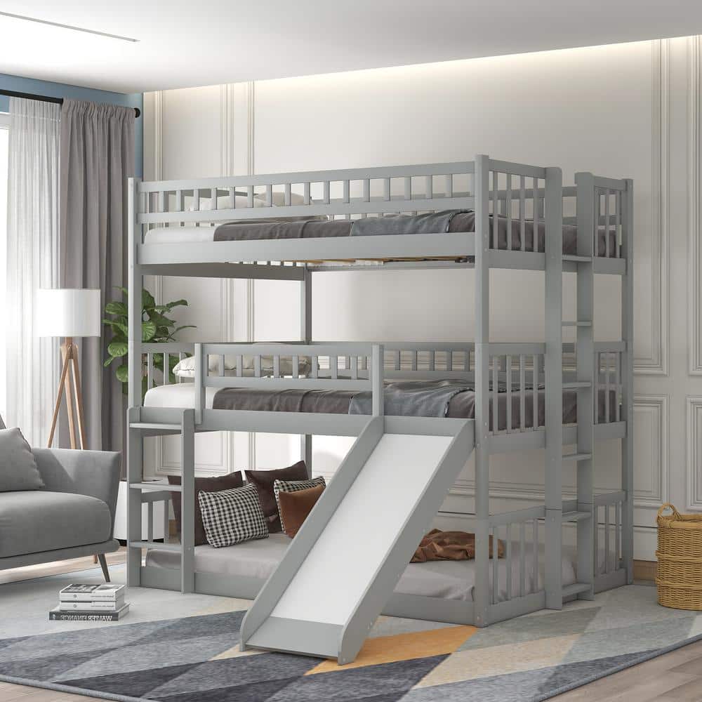 Gray Full-Over-Full-Over-Full Triple Bed with Built-in Ladder and Slide, Triple Bunk Bed with Guardrails price history on PriceWatchPro