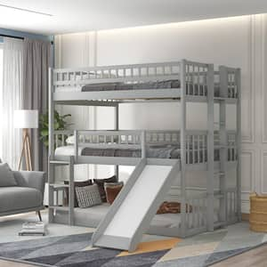 Gray Full-Over-Full-Over-Full Triple Bed with Built-in Ladder and Slide, Triple Bunk Bed with Guardrails