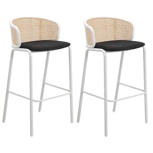 Ervilla Modern Wicker Bar Stool with Fabric Seat and White Powder Coated Steel Frame, Set of 2 (Black)